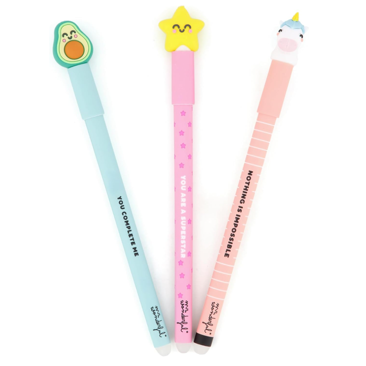 Conjunto 3 canetas apagáveis Mr. Wonderful Unicornio, Abacate, Estrela