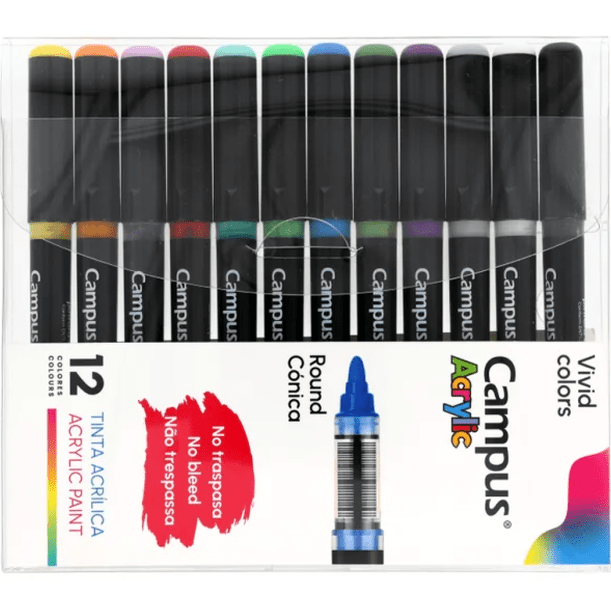 Marcadores finos de acrílico Campus Caixa 12 cores
