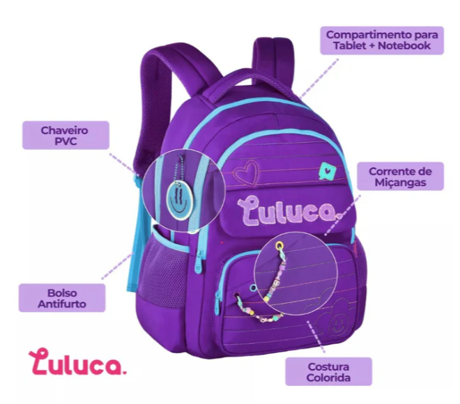 Kit Mochila + Estojo + Lancheira Luluca Roxo