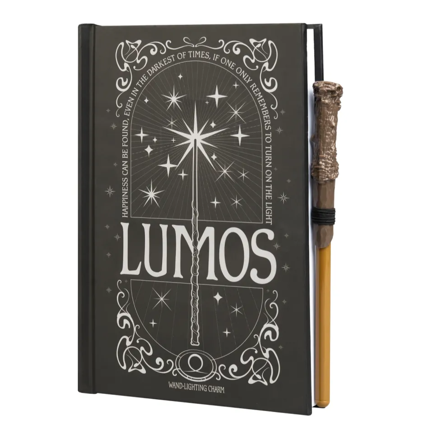 Caderno A5 premium com luz Harry Potter lumos maxima