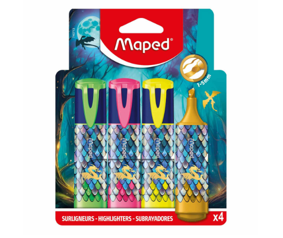 Sublinhador fluorescente MAPED Dragon - 3 cores néon + dourado