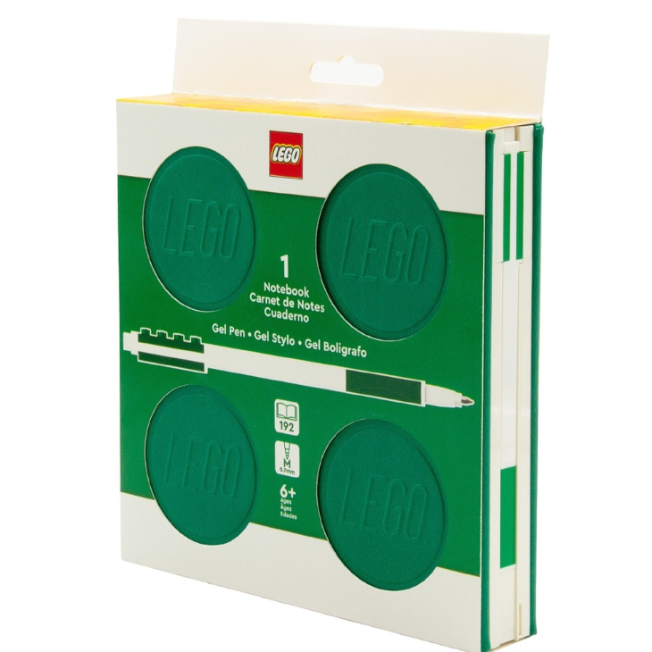 Caderno LEGO com elástico e caneta gel verde
