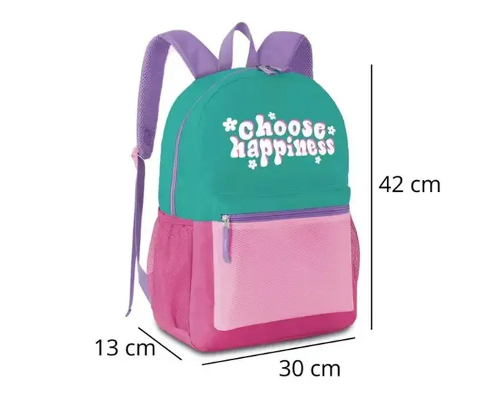 Conjunto mochila verde/rosa + estojo choose happiness - Papelaria Encantada