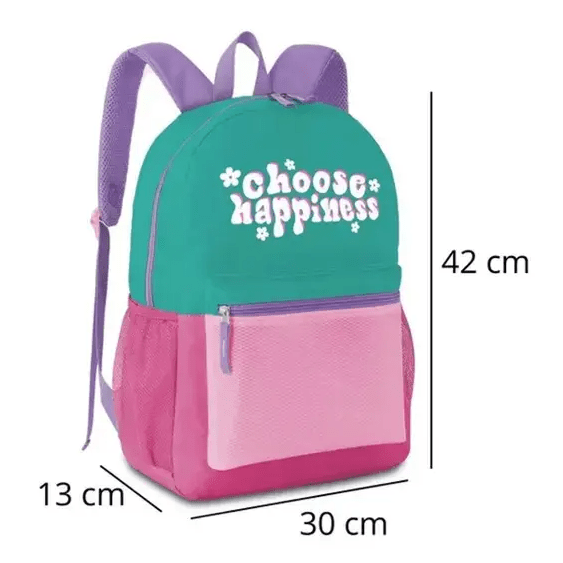 Conjunto mochila verde/rosa + estojo choose happiness - Papelaria Encantada