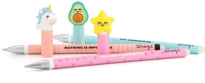 Conjunto 3 canetas apagáveis Mr. Wonderful Unicornio, Abacate, Estrela
