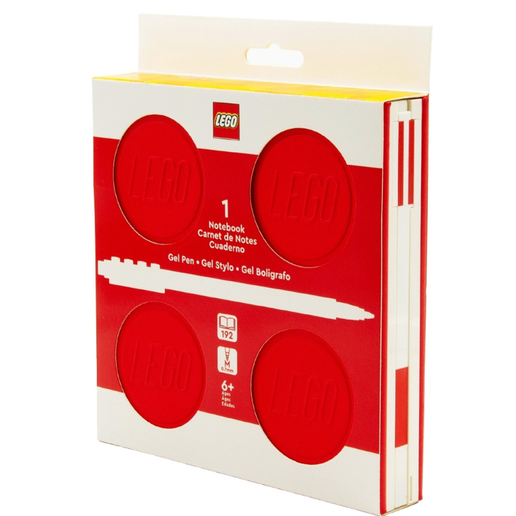 Caderno LEGO com elástico e caneta gel vermelha