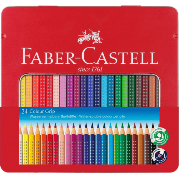 Lapis de cor Grip Faber-castell cx de 24 caixa metálica + Oferta Pincel de Agua