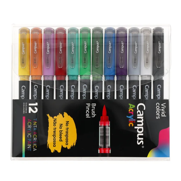 Marcadores de ponta de pincel acrílico Campus, caixa com 12 cores brilhantes