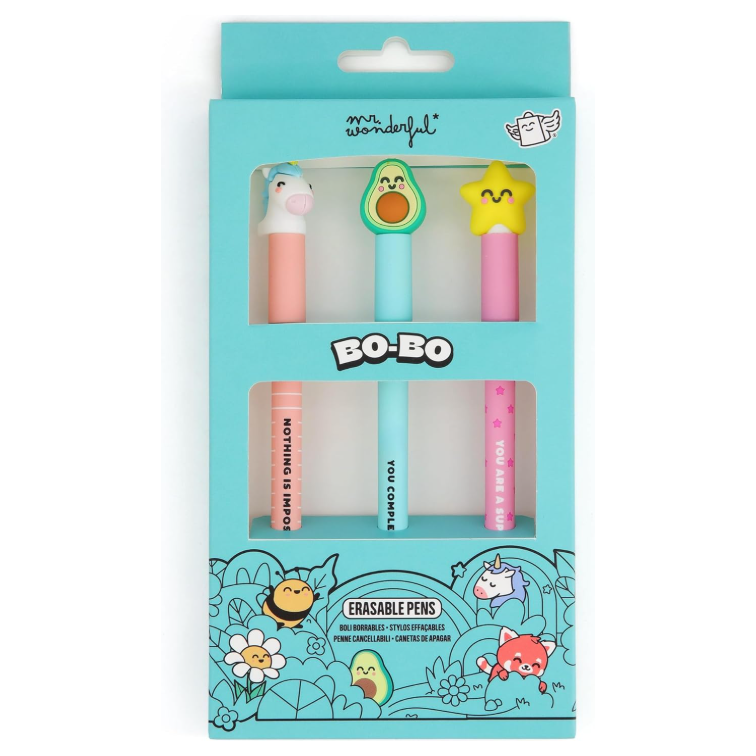 Conjunto 3 canetas apagáveis Mr. Wonderful Unicornio, Abacate, Estrela