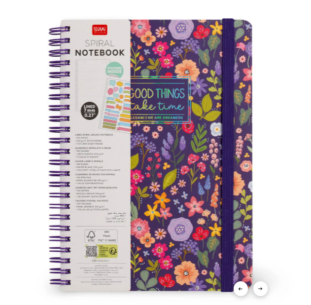 Caderno A5 com capa dura ilustrada - Flores - Bloco de notas - Encadernação em espiral legami