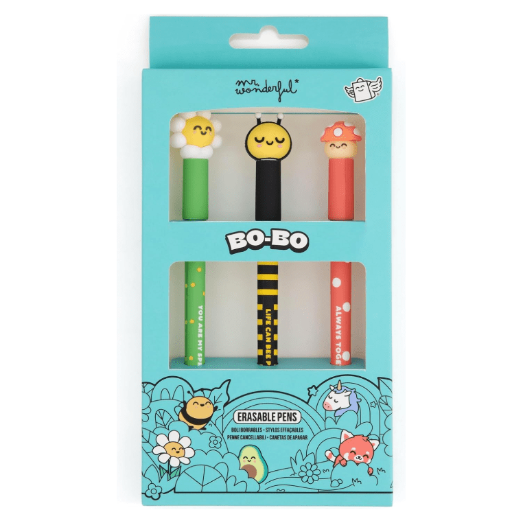 Conjunto 3 canetas apagáveis Mr. Wonderful Daisy, Abelha, Cogumelo