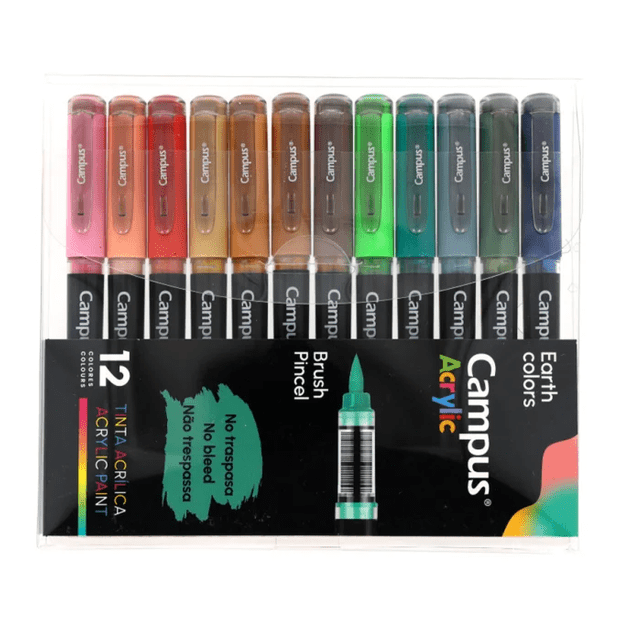 Marcadores de ponta de pincel acrílico Campus Caixa com 12 cores de terra