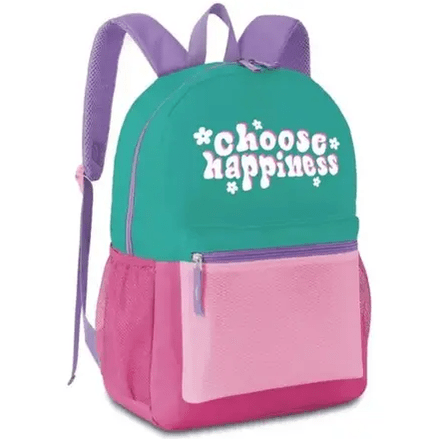 Conjunto mochila verde/rosa + estojo choose happiness - Papelaria Encantada