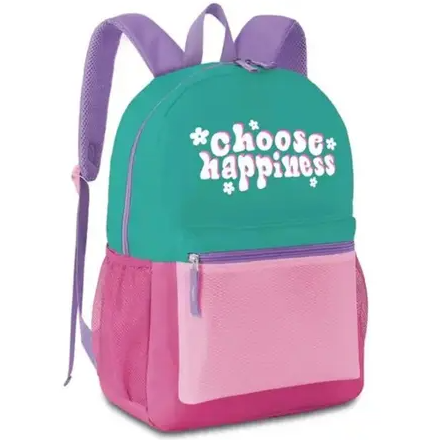 Conjunto mochila verde/rosa + estojo choose happiness - Papelaria Encantada