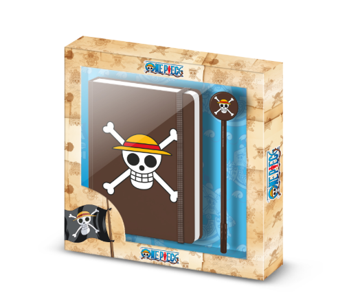 Bloco c/elastico marrom One Piece + Caneta esferográfica fashion One Piece Skull