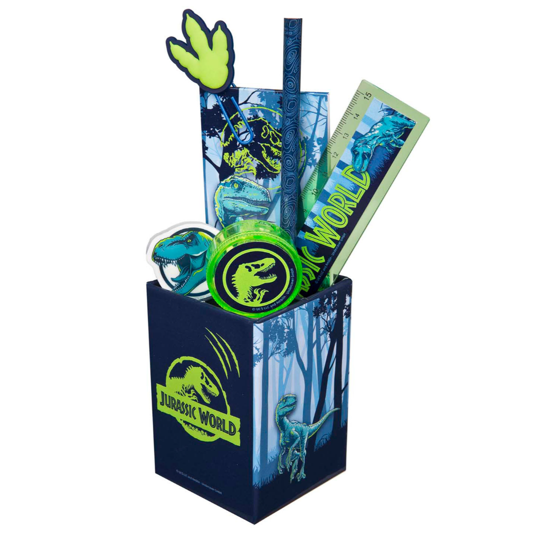 Conjunto escrita Jurassic world 7 peças com copo