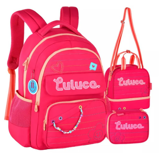 Kit Mochila + Estojo + Lancheira Luluca Rosa