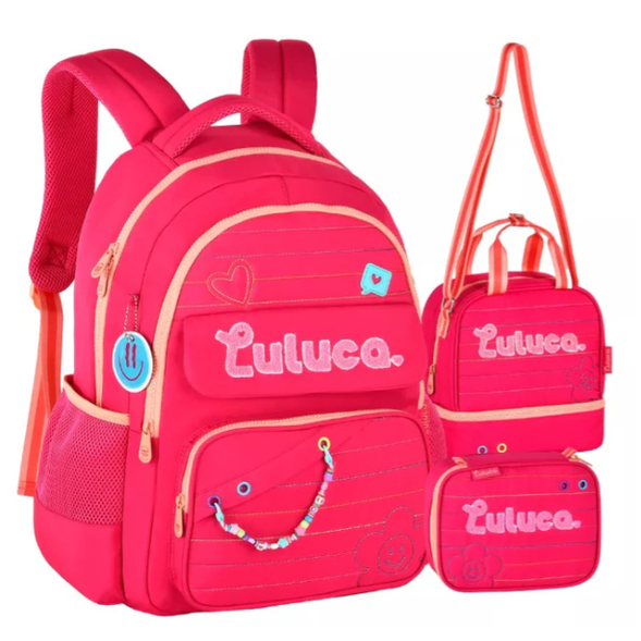 Kit Mochila + Estojo + Lancheira Luluca Rosa