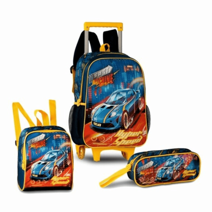 Mochila escolar com trolley carros + Lancheira + Estojo