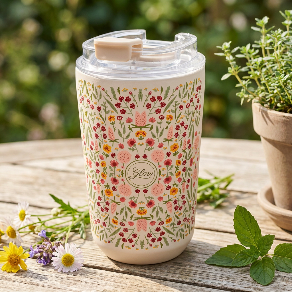 Copo térmico com interior cerâmico 400 ml Áurea – Floral Essence – Areia · Floral Essence