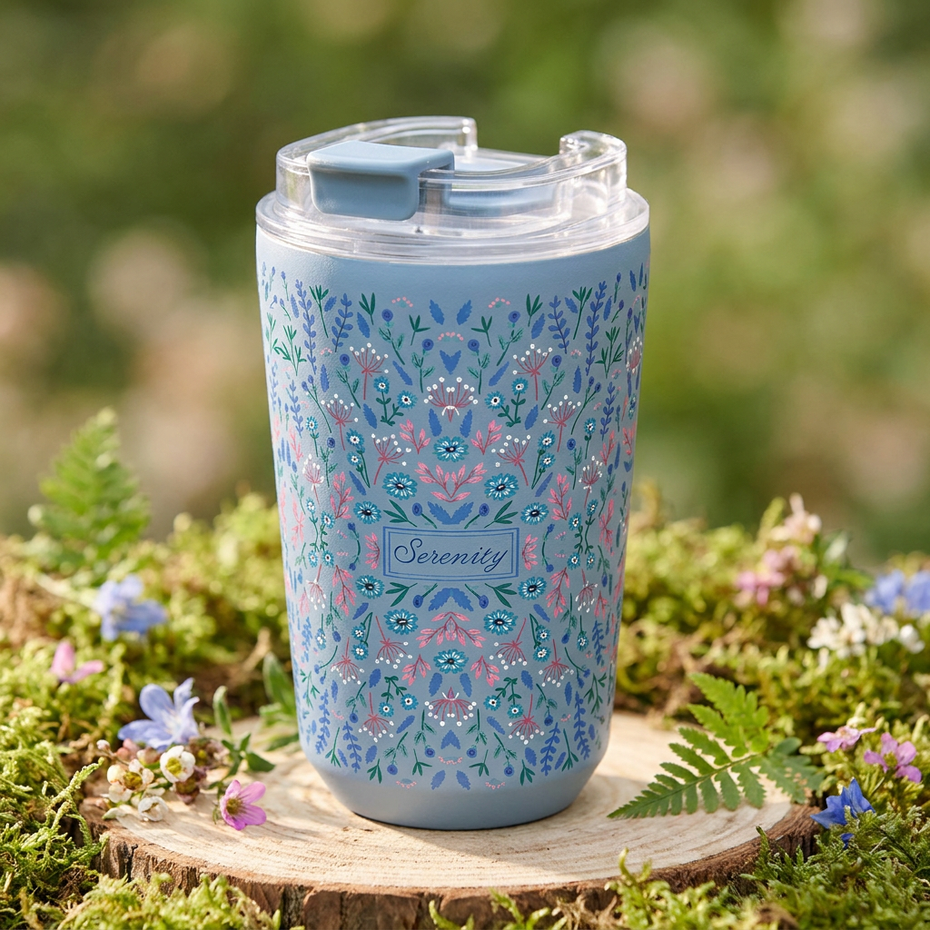 Copo térmico com interior cerâmico 400 ml Áurea – Floral Essence – Azul petróleo · Serenity