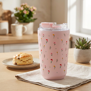 Copo térmico com interior cerâmico 400 ml Áurea – Little Bloom – Rosa