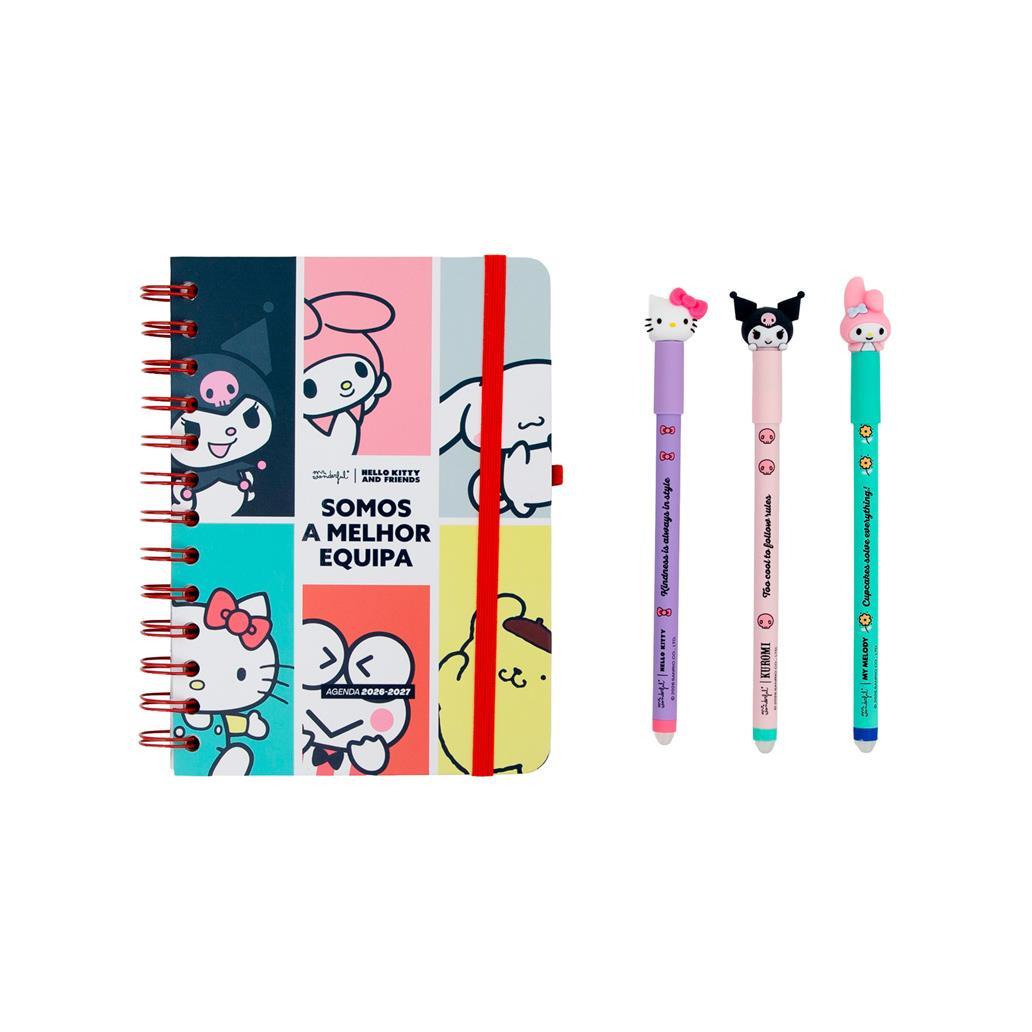 Agenda 26-27 Semanal Pequena Hello Kitty & Friends x Mr. Wonderful + 3 Esferográficas Apagáveis Bo-Bo - Somos a melhor equipa - Mr. Wonderful - Papelaria Encantada