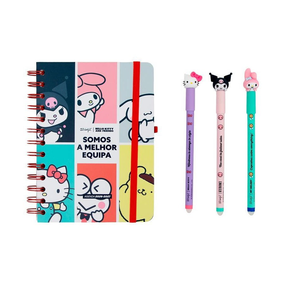 Agenda 26-27 Semanal Pequena Hello Kitty & Friends x Mr. Wonderful + 3 Esferográficas Apagáveis Bo-Bo - Somos a melhor equipa - Mr. Wonderful - Papelaria Encantada