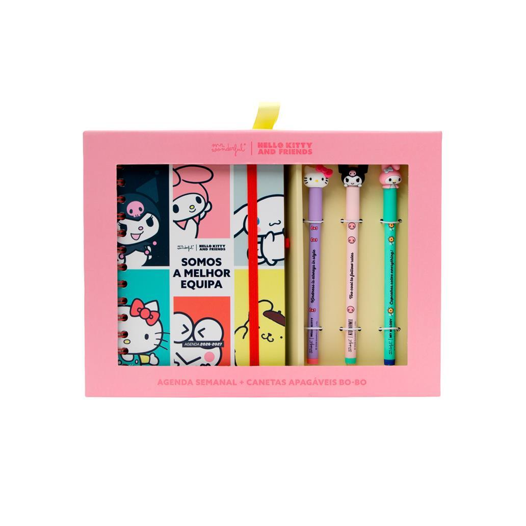 Agenda 26-27 Semanal Pequena Hello Kitty & Friends x Mr. Wonderful + 3 Esferográficas Apagáveis Bo-Bo - Somos a melhor equipa - Mr. Wonderful - Papelaria Encantada