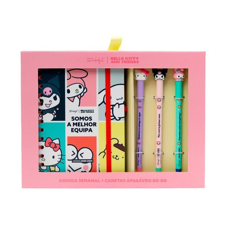 Agenda 26-27 Semanal Pequena Hello Kitty & Friends x Mr. Wonderful + 3 Esferográficas Apagáveis Bo-Bo - Somos a melhor equipa - Mr. Wonderful - Papelaria Encantada