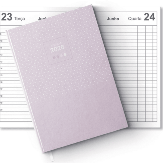 Agenda diária A6 2026 FIRMO Micro Spot lavanda aurora - Papelaria Encantada