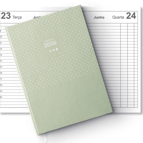 Agenda diária A6 2026 FIRMO Micro Spot verde oliva - Papelaria Encantada