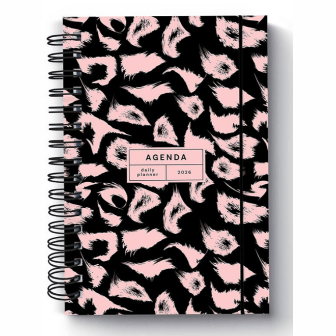Agenda firmo Espiral Diária 2026 Aurélia, 140 x 210 mm, Preto e Rosa - Papelaria Encantada