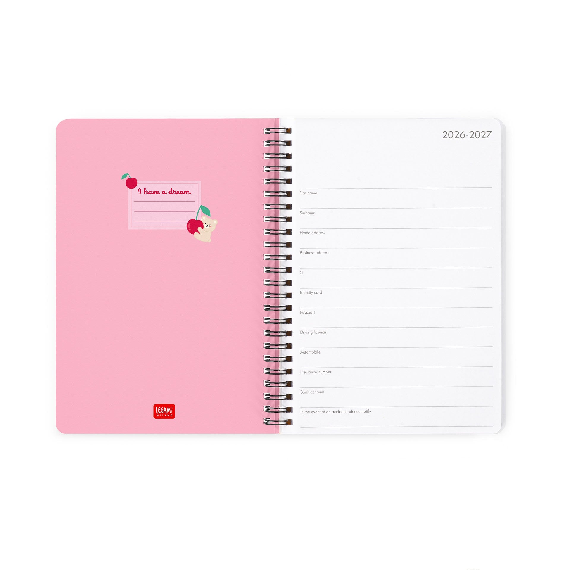 Agenda Legami 16 meses Semanal -Grande Espiral- Urso Cereja Rosa - Papelaria Encantada