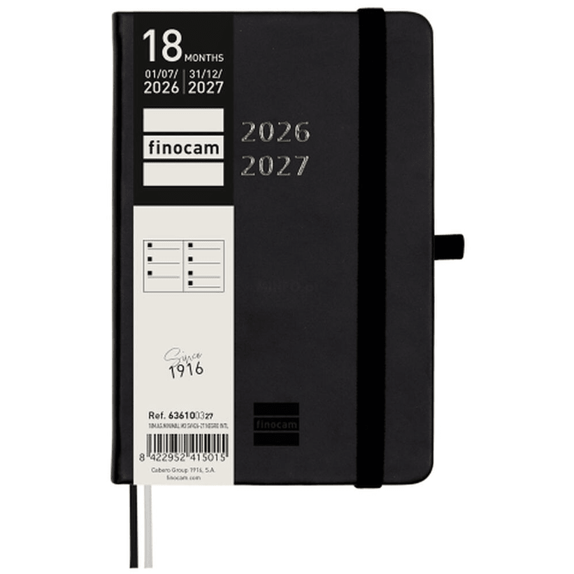 Agenda semanal 100x150mm 2026/27 18 meses Finocam Preta - Papelaria Encantada