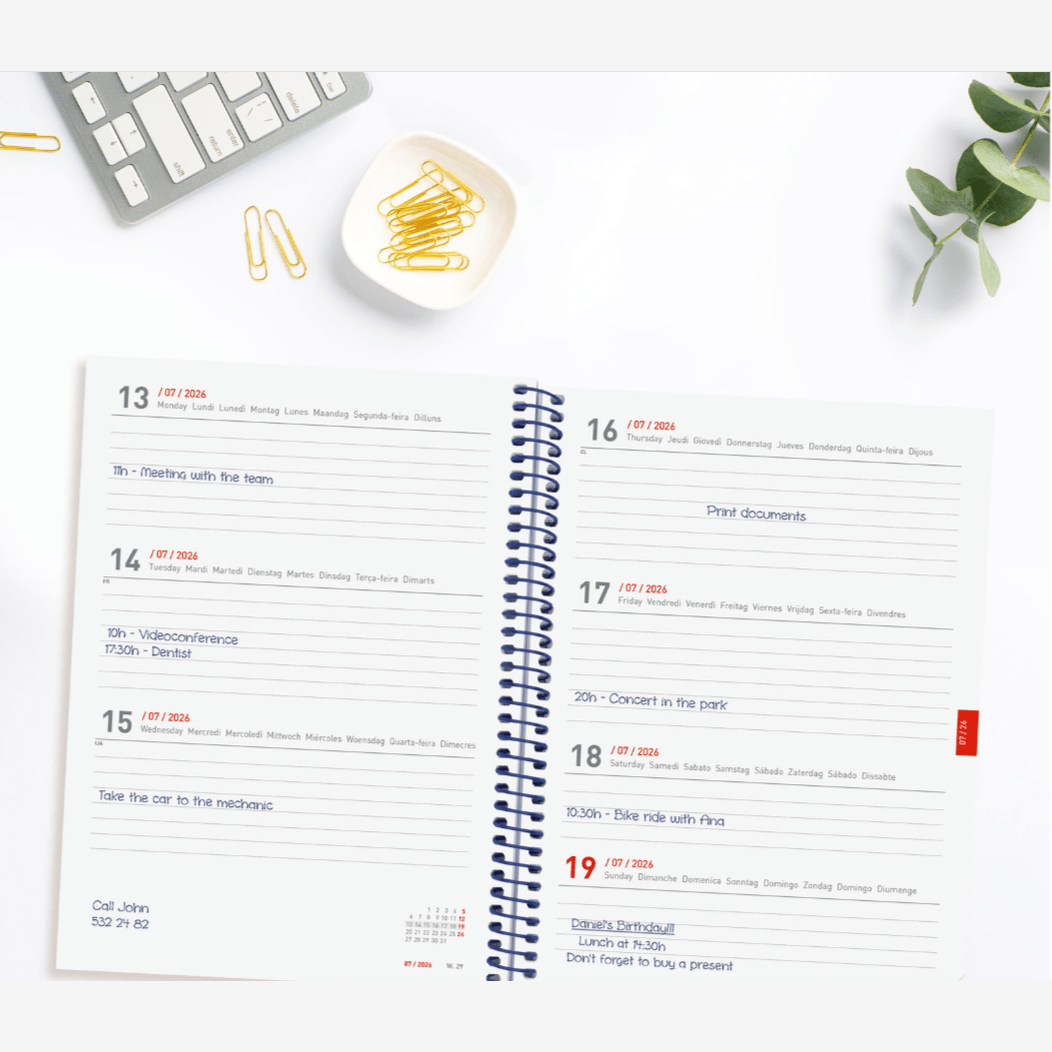 Agenda semanal A5 2026/27 18 meses espiral Finocam Azul - Papelaria Encantada
