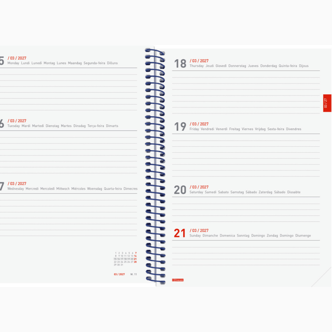 Agenda semanal A5 2026/27 18 meses espiral Finocam Azul - Papelaria Encantada