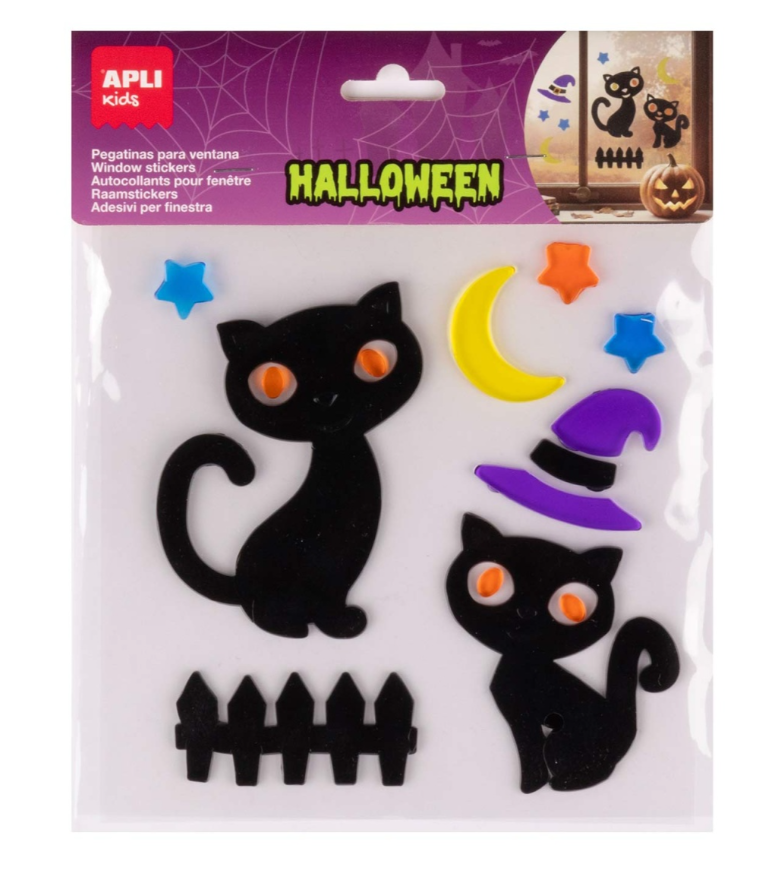 Autocolantes APLI Kids Jelly Halloween Gatos — folha com gatos pretos e motivos para janelas