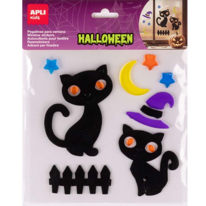 Autocolantes APLI Kids Jelly Halloween Gatos — folha com gatos pretos e motivos para janelas