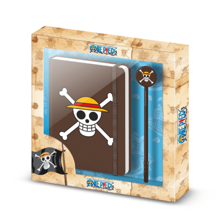 Bloco c/elastico marrom One Piece + Caneta esferográfica fashion One Piece Skull - Papelaria Encantada