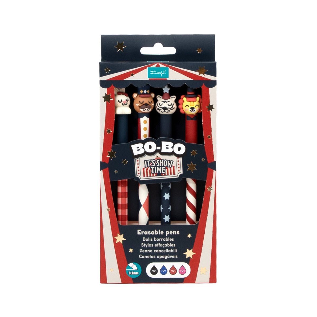 Conjunto de 4 Canetas Apagáveis Bo-Bo Circo - Urso, Leão, Coelho e Tigre | Mr. Wonderful