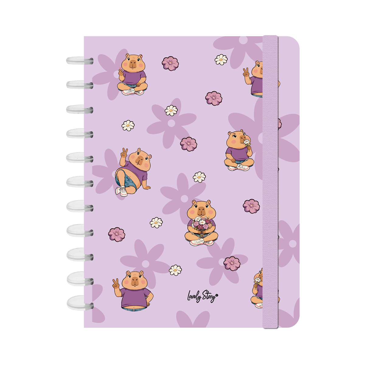 Caderno A4 com sistema de discos 100 folhas quadriculadas 100gr Capivara Flower Lilac - Papelaria Encantada