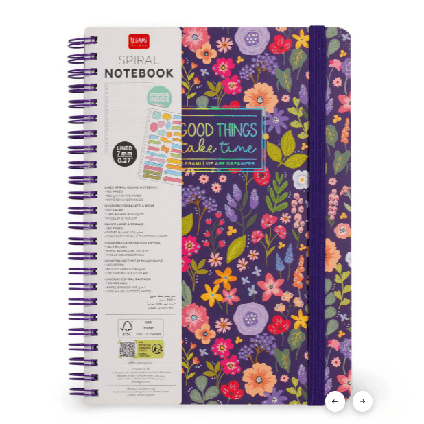 Caderno A5 com capa dura ilustrada - Flores - Bloco de notas - Encadernação em espiral legami - Papelaria Encantada