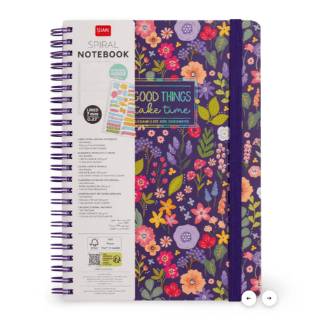 Caderno A5 com capa dura ilustrada - Flores - Bloco de notas - Encadernação em espiral legami - Papelaria Encantada