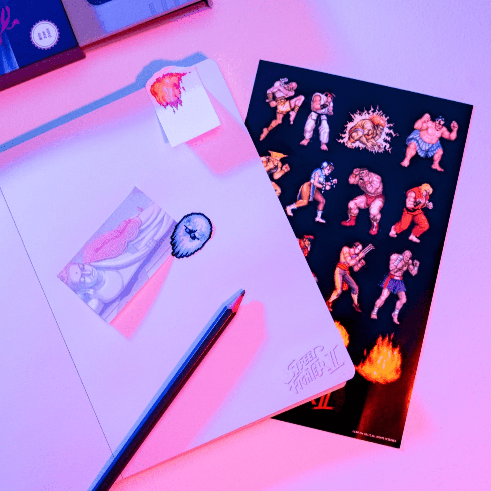 Caderno A5 com Notas Autocolantes – Street Fighter - Papelaria Encantada