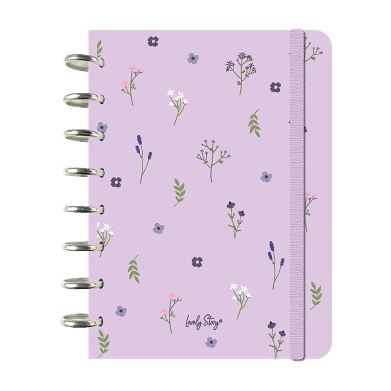 Caderno A5 com sistema de discos Floral chic Lilac Pautado - Papelaria Encantada