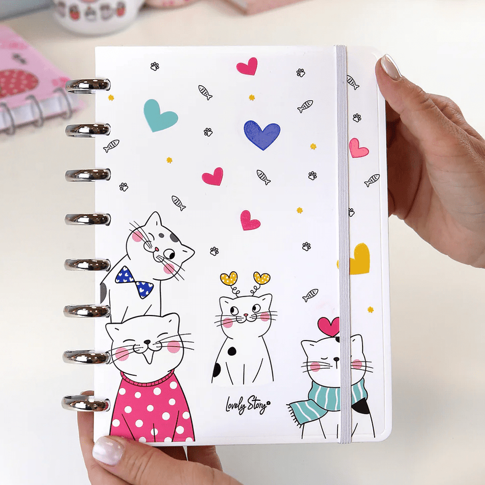 Caderno A5 Gatos Branco pautado - Papelaria Encantada