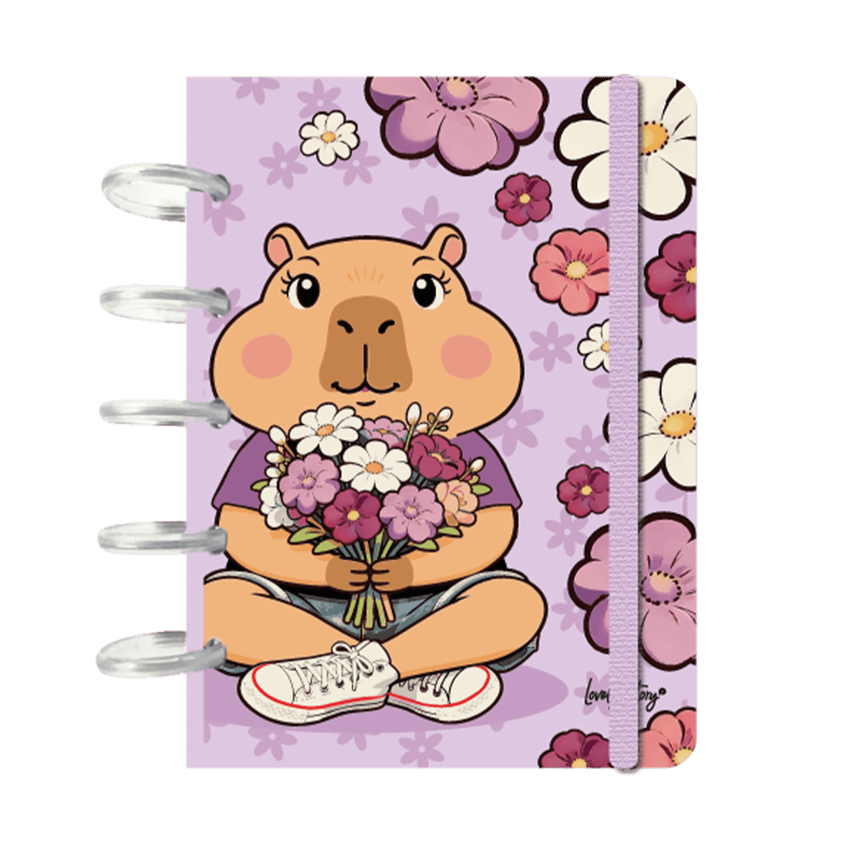 Caderno A6 com sistema de discos Capivara Flower - Lilac - Papelaria Encantada