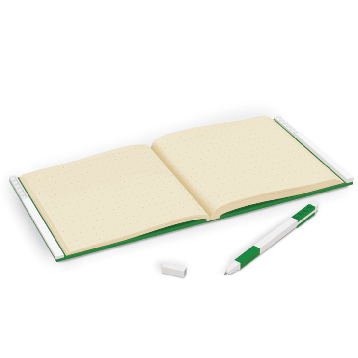 Caderno LEGO com elástico e caneta gel verde - Papelaria Encantada