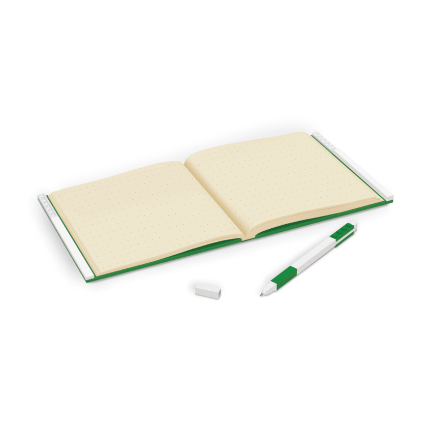 Caderno LEGO com elástico e caneta gel verde - Papelaria Encantada